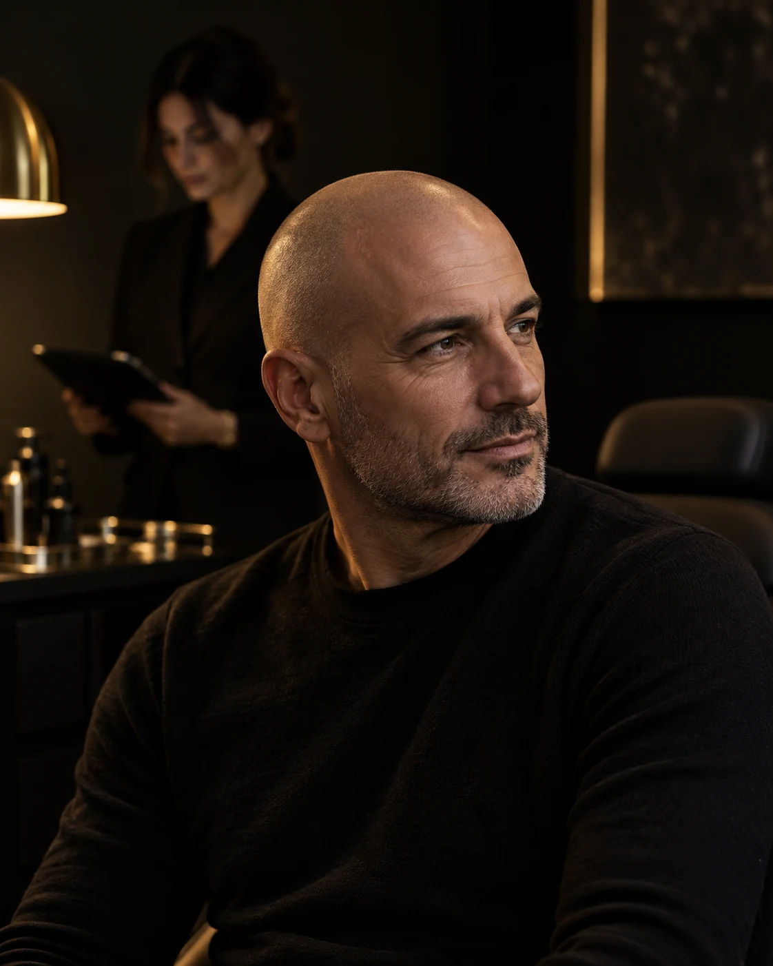 Immagine d’atmosfera generata: uomo rasato durante una consultazione in studio