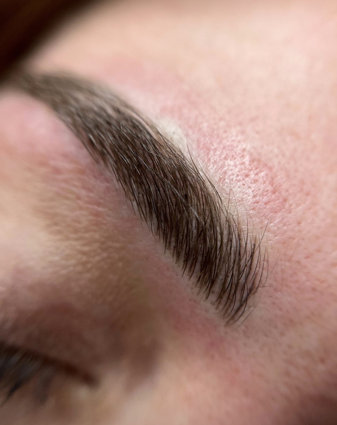 Primo piano di un sopracciglio dopo il microblading, con i peli disegnati uno a uno