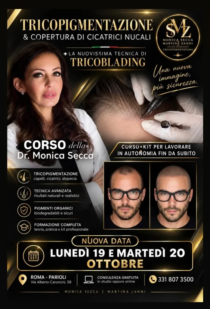 Locandina del corso di tricopigmentazione, copertura cicatrici nucali e Tricoblading, 19 e 20 ottobre 2026