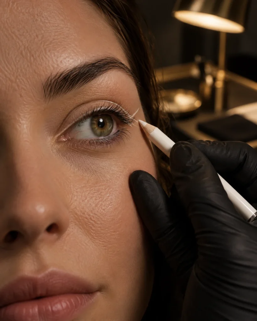 Immagine d’atmosfera generata: pre-disegno della coda dell’eyeliner con matita ad occhio aperto