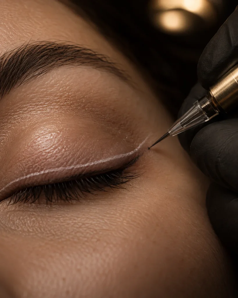 Immagine d’atmosfera generata: dermografo sopra la linea temporanea dell’eyeliner per un gesto di sfumatura
