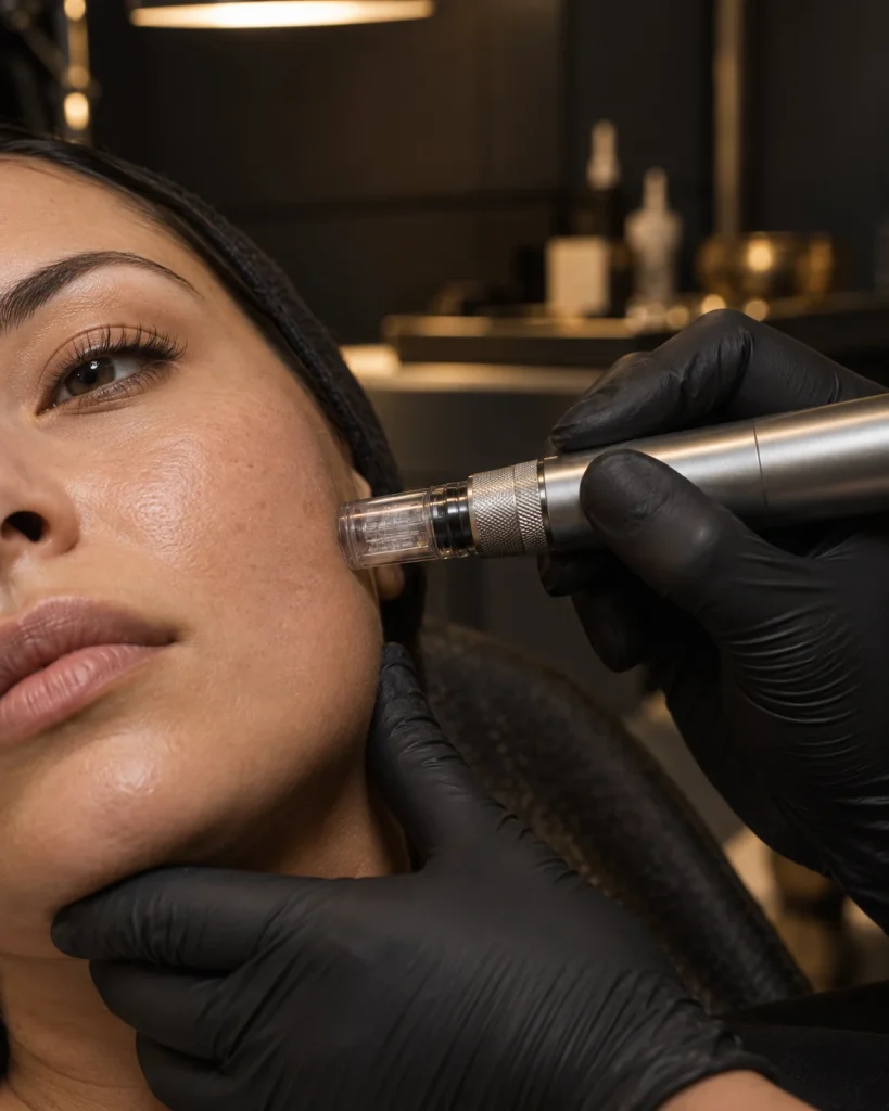 Immagine d’atmosfera generata: manipolo professionale per microneedling sulla guancia con mani guantate