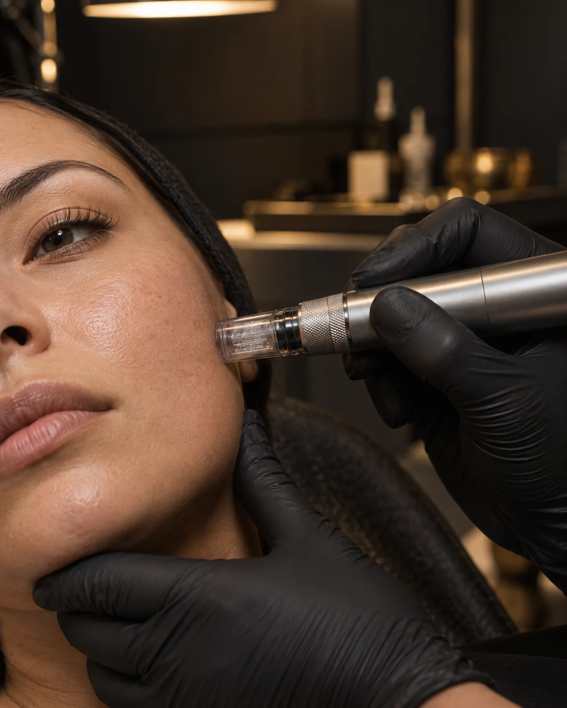 Immagine d’atmosfera generata: manipolo professionale per microneedling sulla guancia con mani guantate